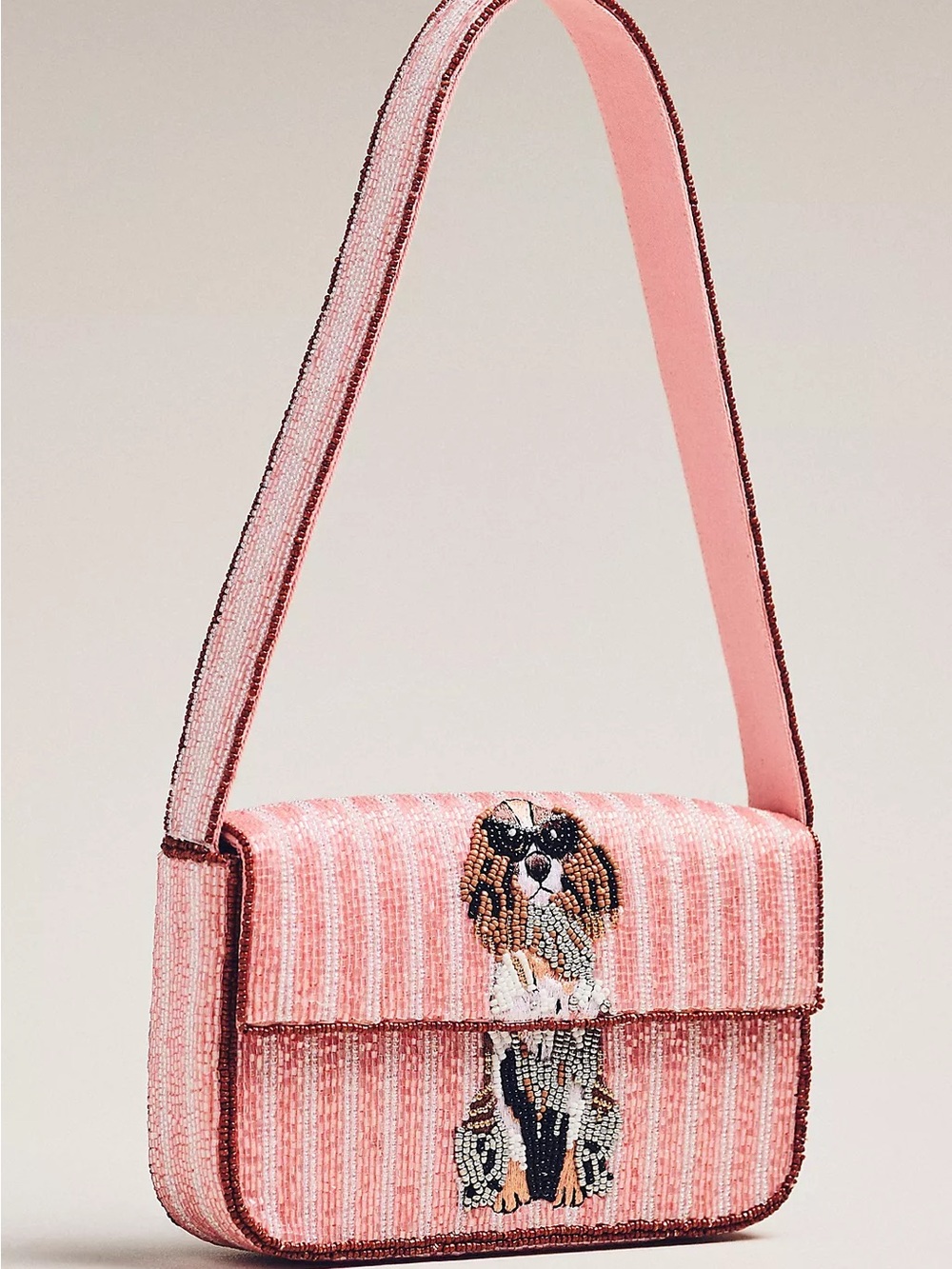 NWT Anthropologie Pink Stripe Beaded Bag with Dog Motif King Charles Cavalier